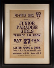 A Lester Young jazz era concert poster, Mid-Winter Dance, Junior Paradise Girls at the Terrance
