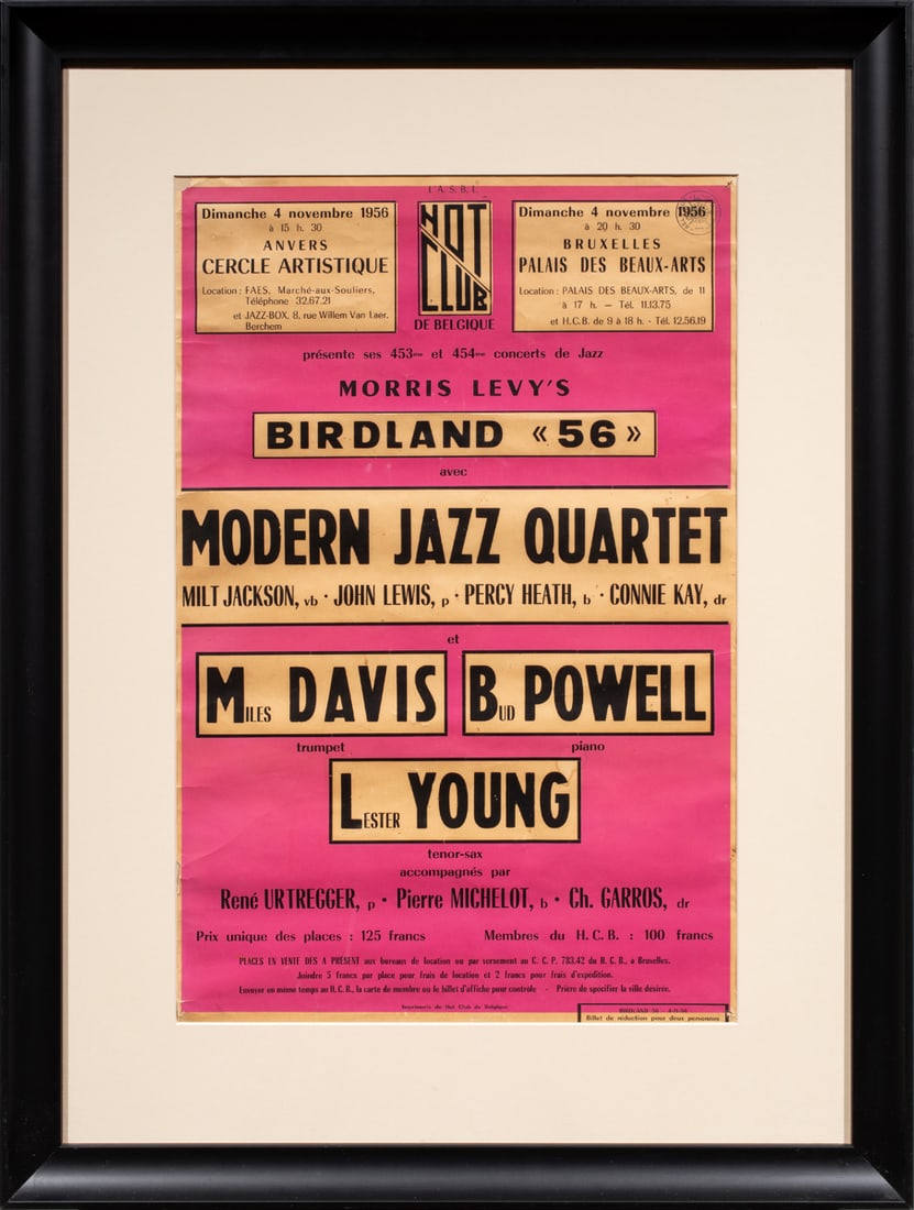 A jazz era Hot Club de Belgique poster, Morris Levy's Birdland 56 Modern Jazz Quartet: Milt Jackson,: A jazz era Hot Club de Belgique poster, Morris Levy's Birdland 56 Modern Jazz Quartet: Milt Jackson, John Lewis, Percy Heath, Connie Kay, Miles Davis, Bud Powell, Lester Young at the Palaisdes Beaux A