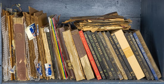 One shelf of 1940's - 50's jazz albums, including 3-4 album sets such as Bix & Tram, Columbia