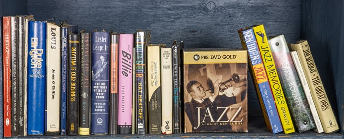 A selection of books on jazz artists including Louis Armstrong, Billie Holiday, Kansas City Jazz,