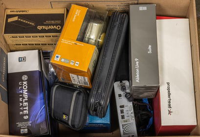 A group of mainly computer and data storage, including Komplete 9 Ultimate; Lacie Porsche Design