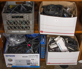 A group of mainly audio cables and power strips, including Koogeek Smart Outlet; Furman SS-6B-Pro