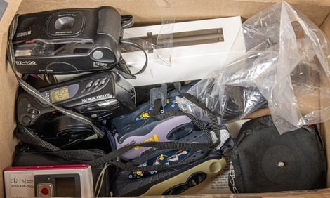 A group of mainly cameras and accessories, including Ricoh f38 90 mm macro camera; two (2) Polaroid