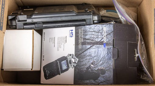 A group of mainly recording and video equipment, including Zoom H5 Handy Recorder; Korg PXR4 Pandora