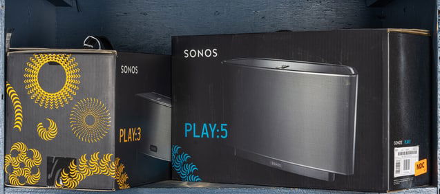 Four Sonos smart speakers, including: two (2) Play: 3 and two (2) Play: 5