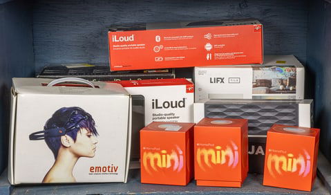 A group of mainly speakers, including Bose SoundDock Portable; Big Jambox wireless speaker; two (2)