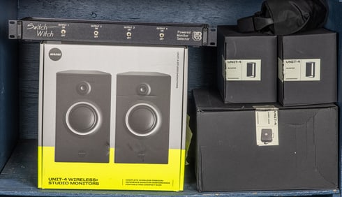 A group of mainly AIAIAI monitors and headphones, including AIAIIAI Unit-4 Wireless+ Powered Studio