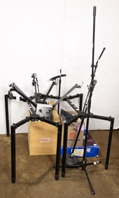 A group of mainly microphone and stands, including Groove Tubes Studio FET Condenser Mic with hard
