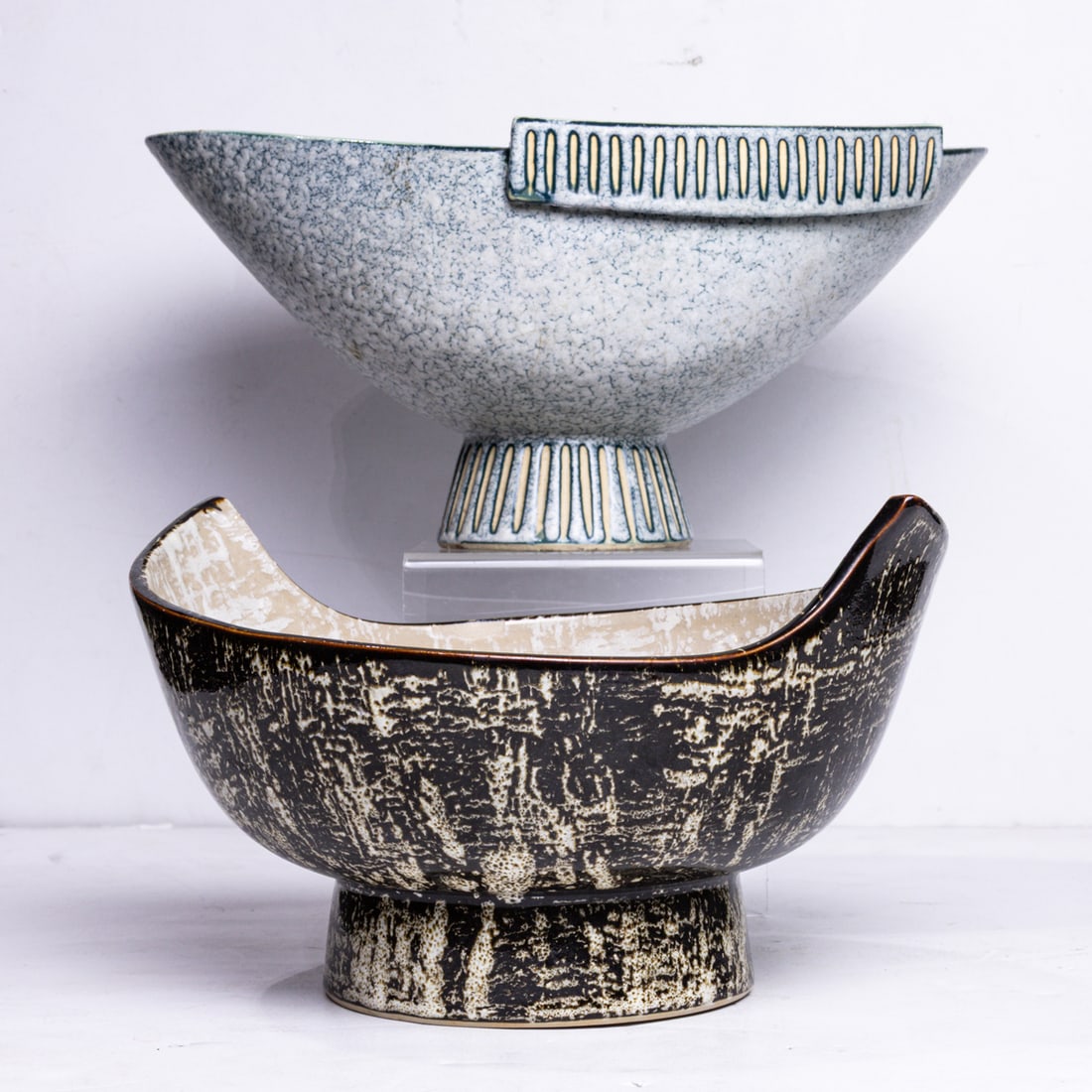 Two Modernist ceramic ikebana center bowls: Two Modernist ceramic ikebana center bowls, one marked, greatest 6.25"h x 12.25"l