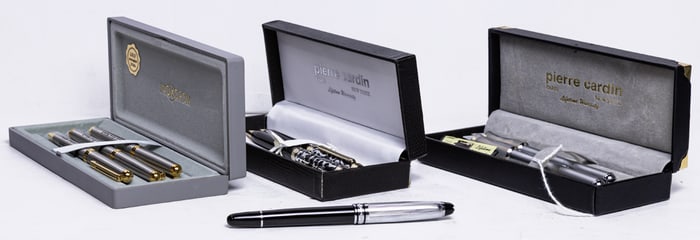Two Pierre Cardin pen and pencil sets, a three-piece Inoxcrom writing set, with a Mont Blanc-style