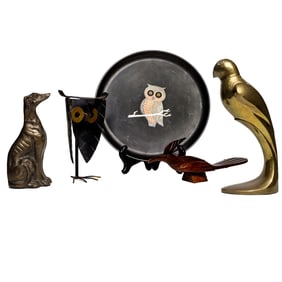 Five Modern table articles with animal and bird motif in wood and metal