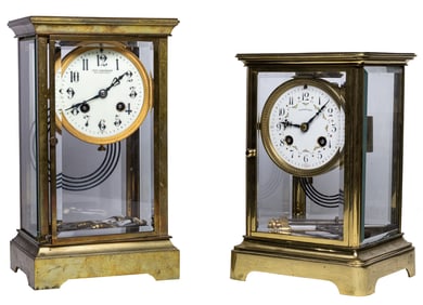 Two French brass and four-glass mantel clocks