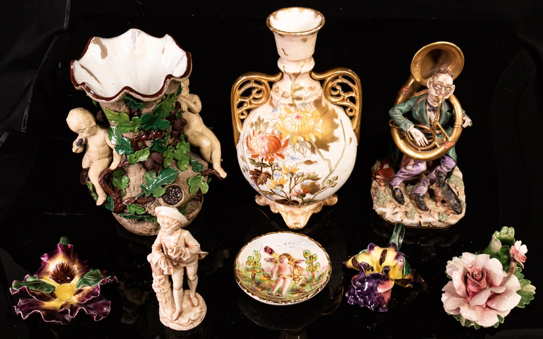 A group of mainly European ceramics: A group of mainly European ceramics, including Royal Bonn two-handled vase and Capodimonte style floral form candlesticks and dish, greatest 12.5"h [8 total]