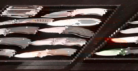 Ten contemporary outdoor, utility and sporting knives, including A.G. Russel folder, CRKT