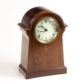 A Sessions marquetry inlaid mahogany mantel clock