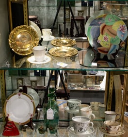 An assembled group of glass and ceramic table articles