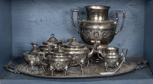 An Aesthetic Movement silver plated seven piece tea and coffee service