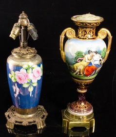 Two porcelain table lamps with luster highlights