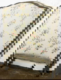 A pair of French paint decorated floral upholstered twin headboards