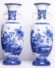 A pair of Japanese Seto blue and white vases