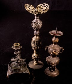 (lot of 3) Japanese bronze candle holders