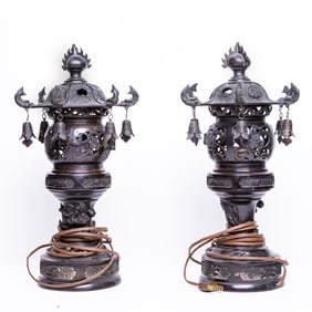 A pair of Japanese patinated bronze lanterns as lamps