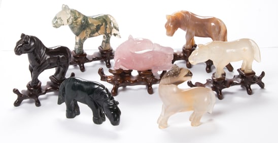 (set of 7) Chinese agate and quartz horses with wood stands