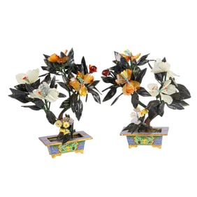 (lot of 2) Chinese cloisonne enamel and jade trees