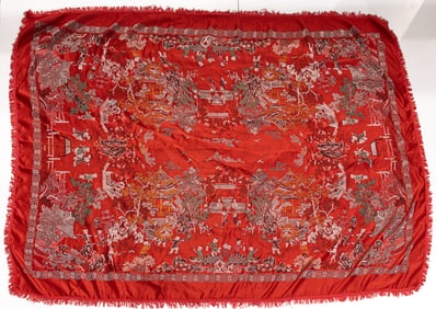 A Chinese woven red ground figural panel