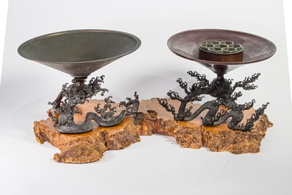 (lot of 2) Japanese patinated bronze 'wave' usubata