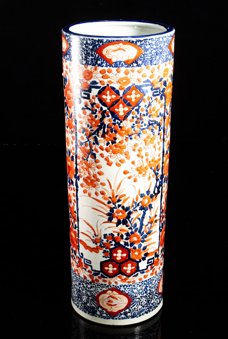 A Japanese Imari cylindrical umbrella stand: A Japanese Imari cylindrical umbrella stand. Meiji period, 23.75" high.