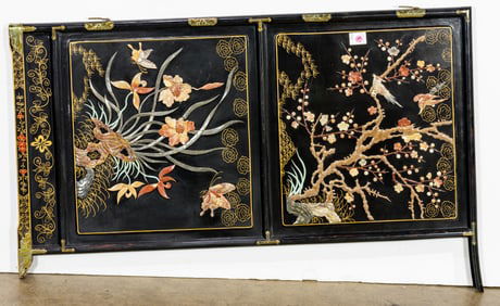 A Chinese soapstone inlaid black lacquered door panel