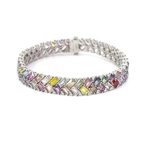 Multi-color Sapphire, Diamond and Platinum Bracelet with GGA Report