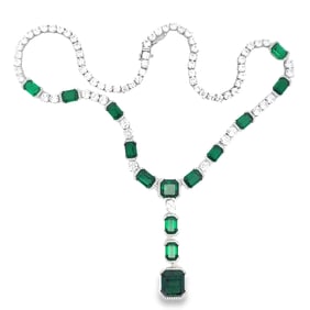 Lab Emerald, Diamond and Sterling Silver Necklace