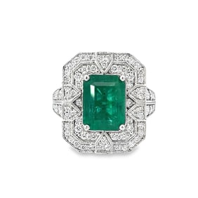 Emerald, Diamond and Platinum Ring with GIA&AIGL
