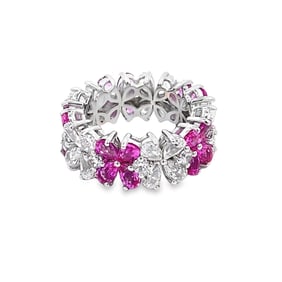 Lab Ruby and Diamond Band Ring over Sterling Silver