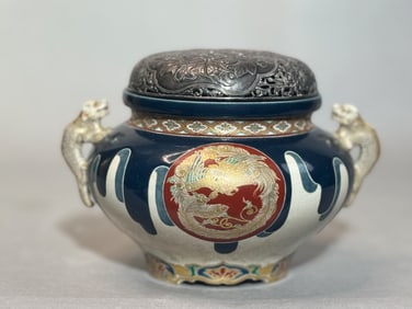 Japanese Stunning Goshu Blue Satsuma Censer with Fancy Silver Lid