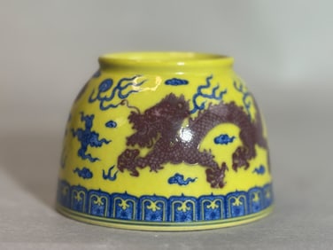 Chinese Yellow Porcelain Scholar Brush Washer with Dragon