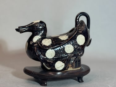 Chinese Porcelain Duck Ewer on Hardwood Base
