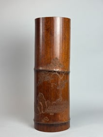 Japanese Bamboo Ikebana Vase with Scholar Pine Motif, Meiji Period