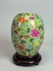 Chinese Green Famille Rose Porcelain Vase with Floral Motif