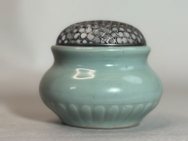 Chinese Guan Celadon Porcelain Censer with Japanese Sterling Silver Lid