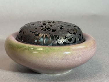 Chinese Peachbloom Porcelain Censer with Japanese Sterling Silver Lid