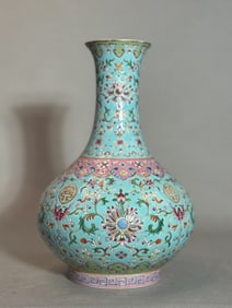Chinese Famille Rose Porcelain Vase with Lotus Floral Vine