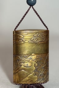 Japanese Signed Gold Lacquer Inro with Goose Scene, Meiji Period