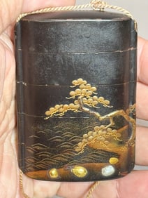 Japanese Black Lacquered Inro with Gold Inlay, Meiji Period