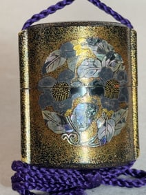 Japanese Gold Lacquer Inro with Mother of Pearl Floral Motif, Meiji Period