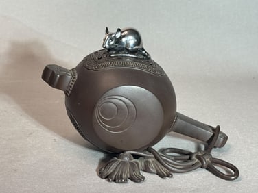 Japanese Bronze Drum Koro with Silver Rat Top, Meiji Period