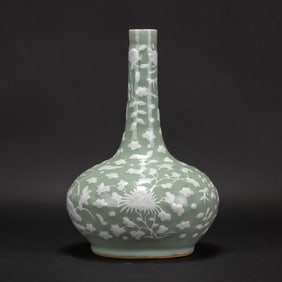 A Celadon Glazed Vase with White Slip Decoration, 18th Century