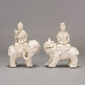 Pair of Blanc de Chine Porcelain Bodhisattva on Mystical Animal, Early 20th Century